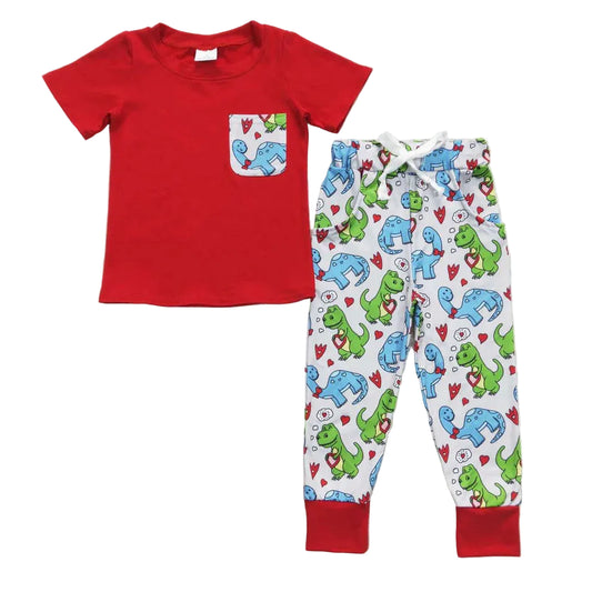 Red Pocket Top Dino Heart Pants Boys Valentine's Clothes Set