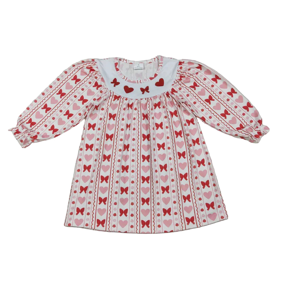 Embroidered Heart and Bows Print Girls Valentine's Day Knee Length Dress