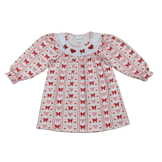 Embroidered Heart and Bows Print Girls Valentine's Day Knee Length Dress