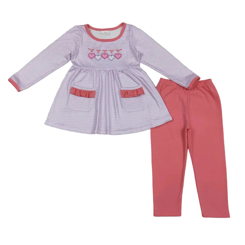Heart Bows Embroidery Stripes Print Girls Valentine's Day Clothes Sisters Matching Wear