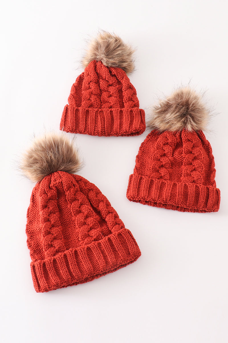 Caramel pompom  cable beanie hat