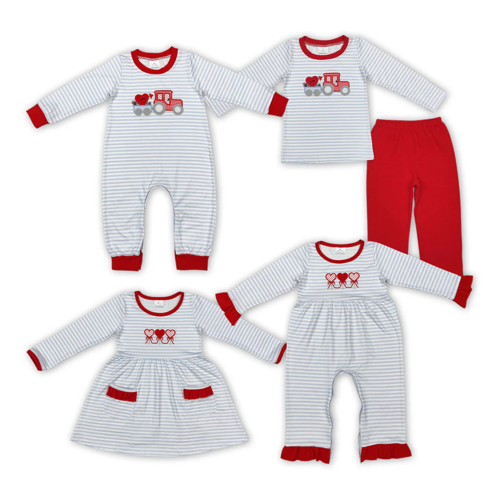 Heart Embroidery Stripes Print Sibling Valentine's Day Matching Clothes