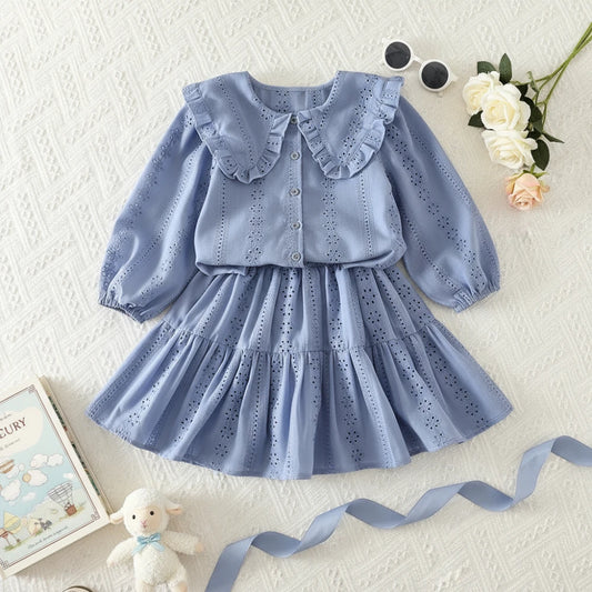 Blue Collar Flower Embroidery Long Sleeved Cardigan+short Skirt Two-piece Set Autumn New Fashion Girl Clothes Korean Version