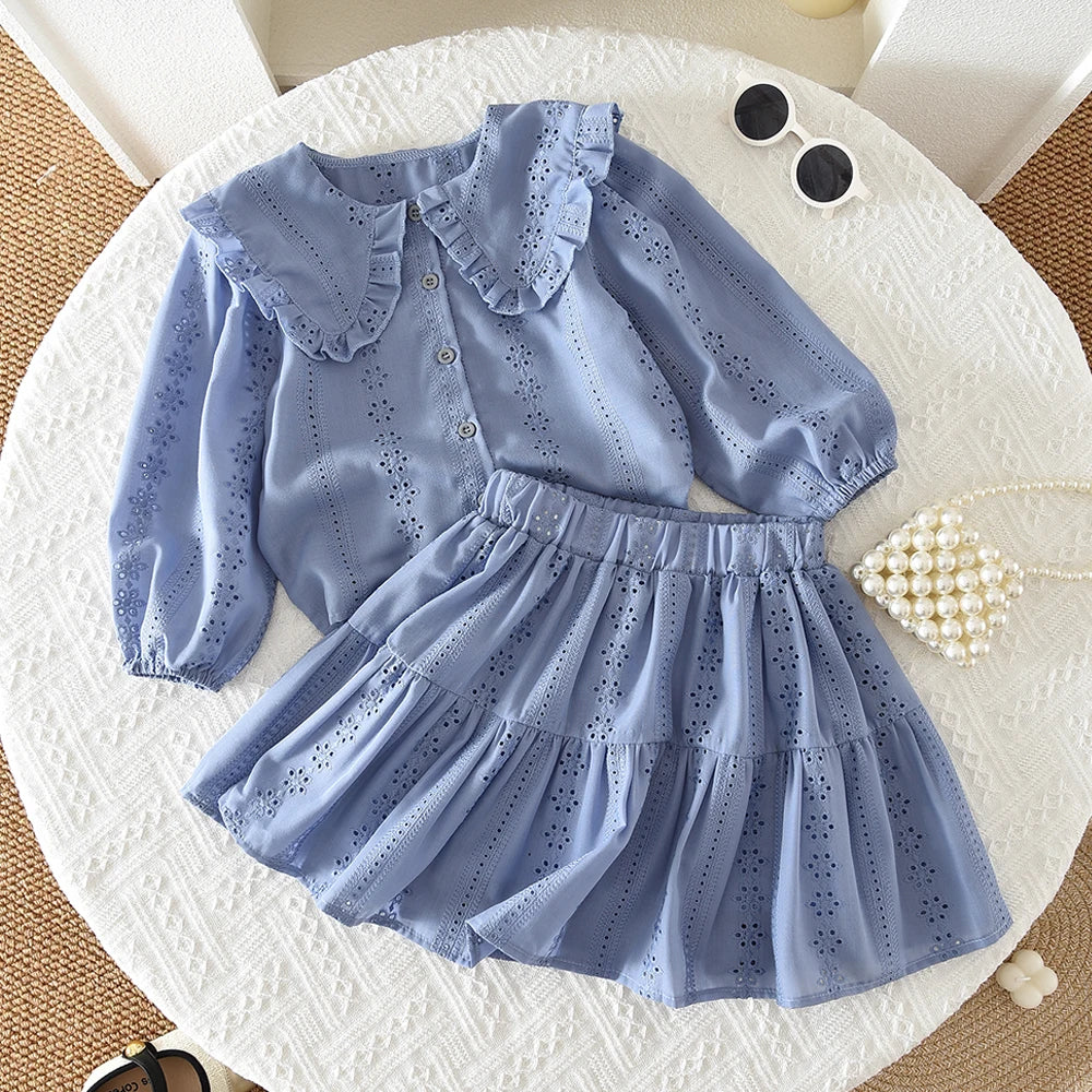 Blue Collar Flower Embroidery Long Sleeved Cardigan+short Skirt Two-piece Set Autumn New Fashion Girl Clothes Korean Version