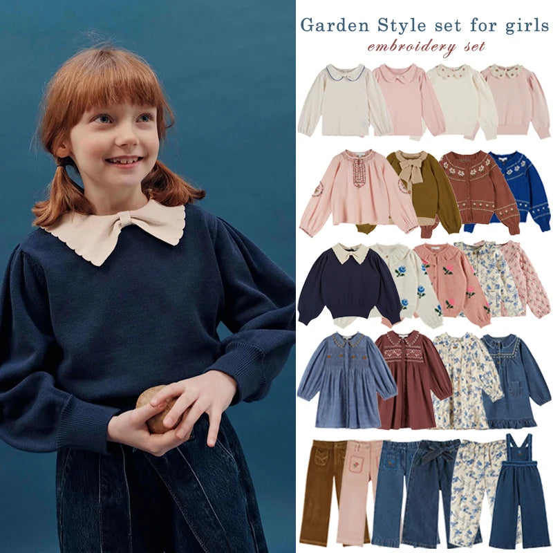 Children's Sweater 2025 Autumn EM series Girls' Country Style embroidered Flower shirtlong Pants Overalls Girls' set