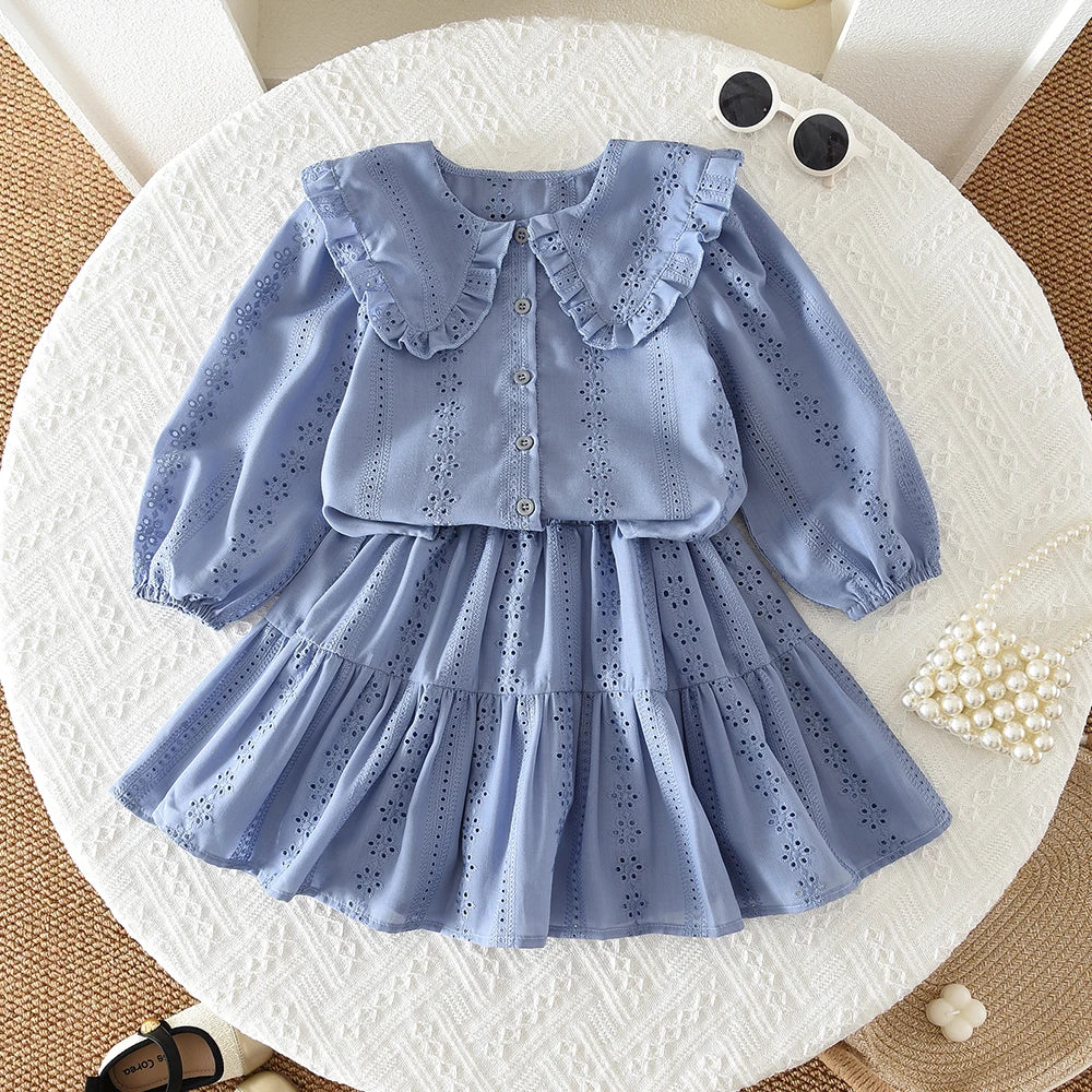 Blue Collar Flower Embroidery Long Sleeved Cardigan+short Skirt Two-piece Set Autumn New Fashion Girl Clothes Korean Version