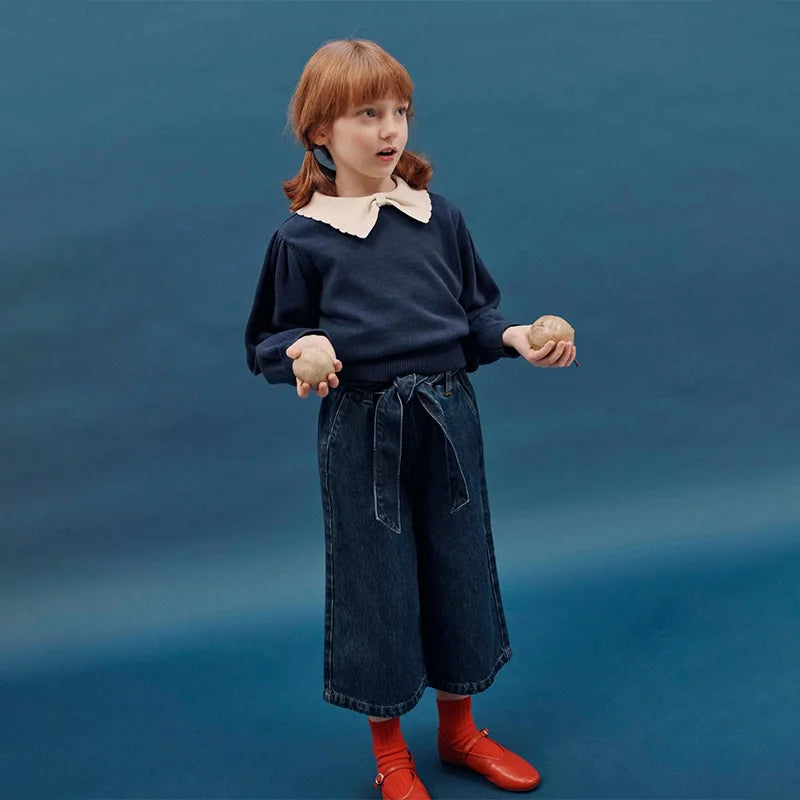 Children's Sweater 2025 Autumn EM series Girls' Country Style embroidered Flower shirtlong Pants Overalls Girls' set