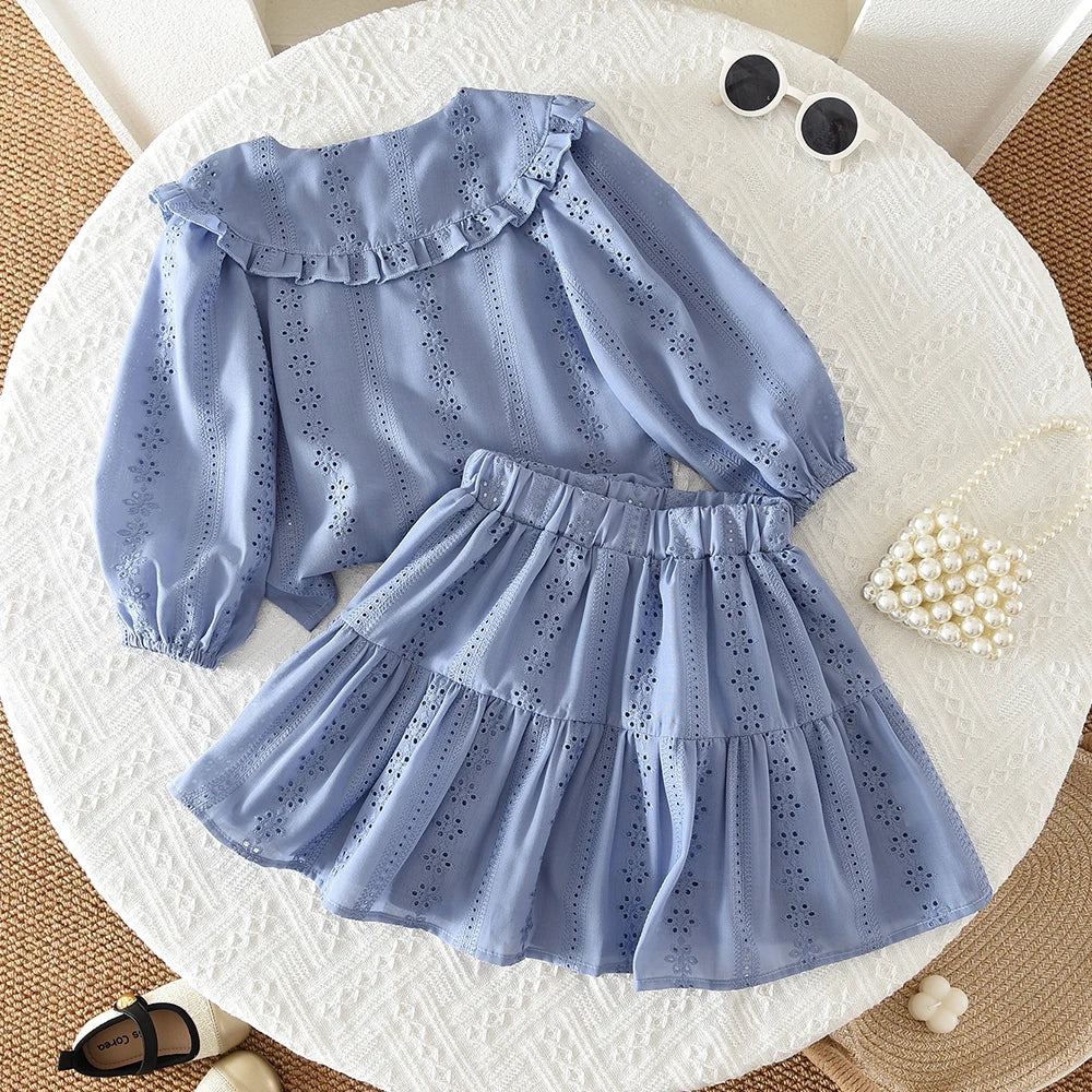 Blue Collar Flower Embroidery Long Sleeved Cardigan+short Skirt Two-piece Set Autumn New Fashion Girl Clothes Korean Version