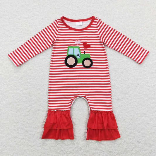 Red Striped Tractor Embroidered Valentine Romper